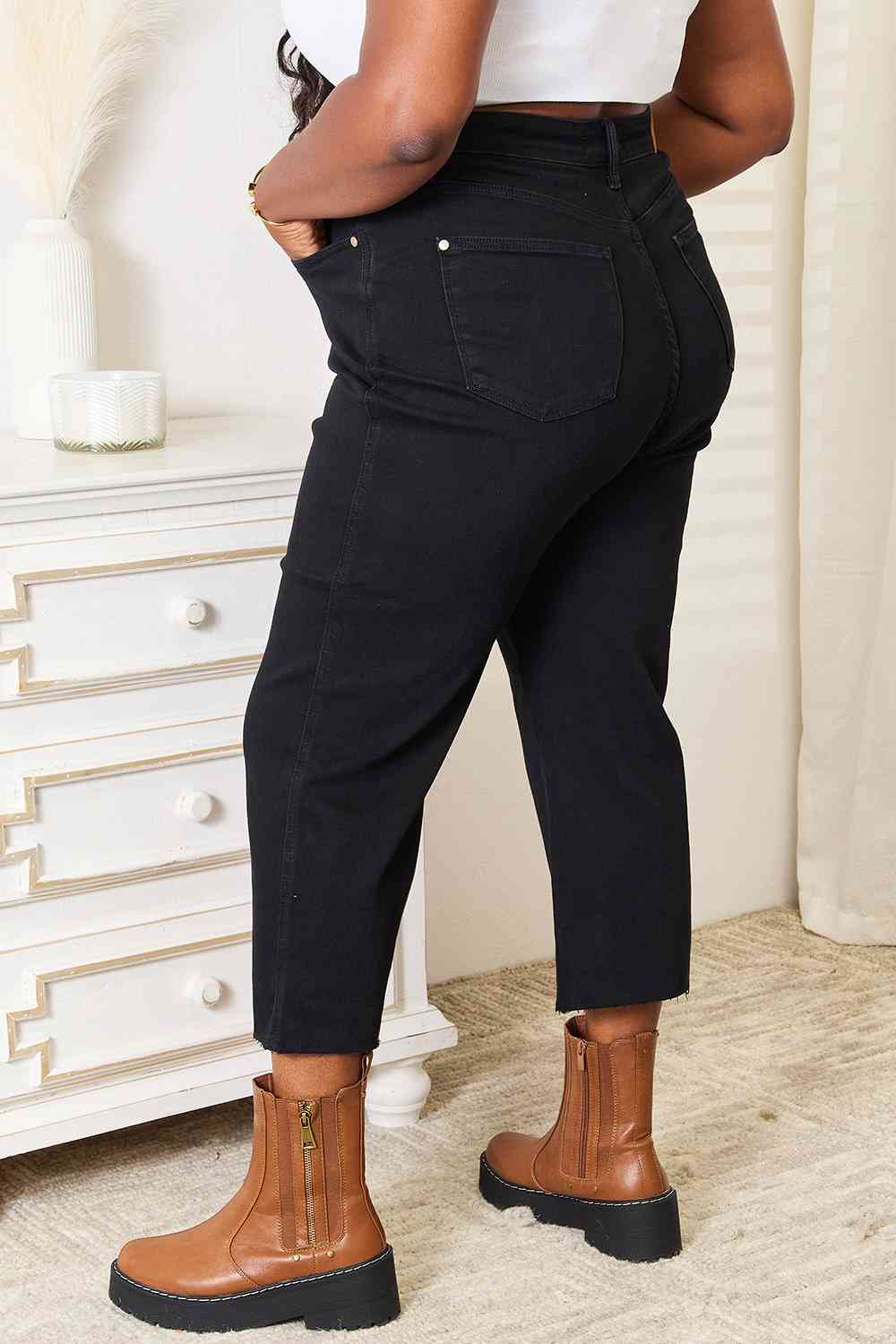 Judy Blue Full Size High Waist Wide Raw Hem Cropped Jeans - LustMia