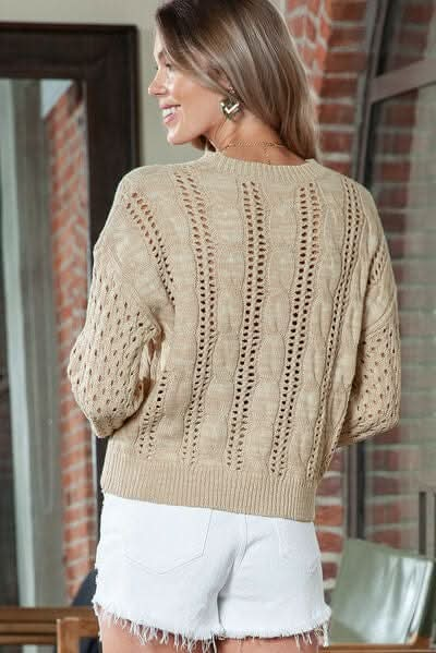 Full Size Openwork Cable - Knit Round Neck Knit Top - LustMia