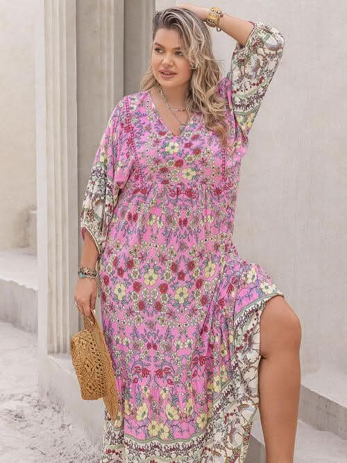 Plus Size Floral V - Neck Balloon Sleeve Midi Dress - LustMia