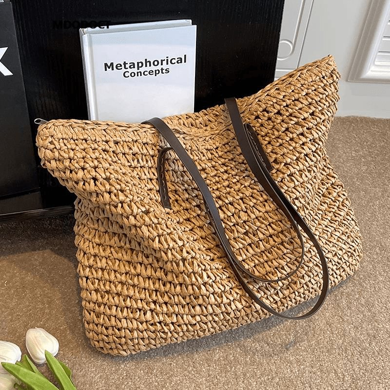 1pc Straw Woven Tote Bag (18.9''x14.17''/48cm*36cm), Luxury Handbag, Large Capacity Fashion Beach Shoulder Bag, Casual Summer Shopping - LustMia