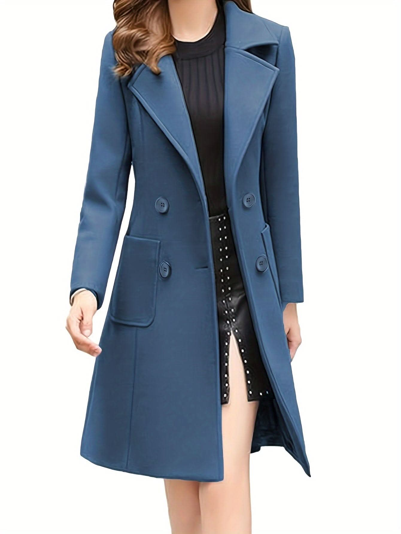 Women Winter Mid - Long Coat Notch Double - Breasted Lapel Jacket Outwear - LustMia