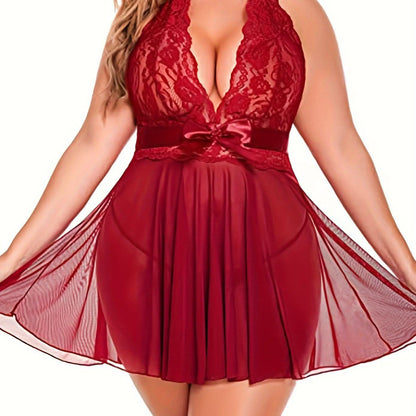 Plus Size Sexy Lingerie Dress, Women's Plus Floral Lace Bow Detail Deep V Neck Halter Babydoll Lingerie - LustMia