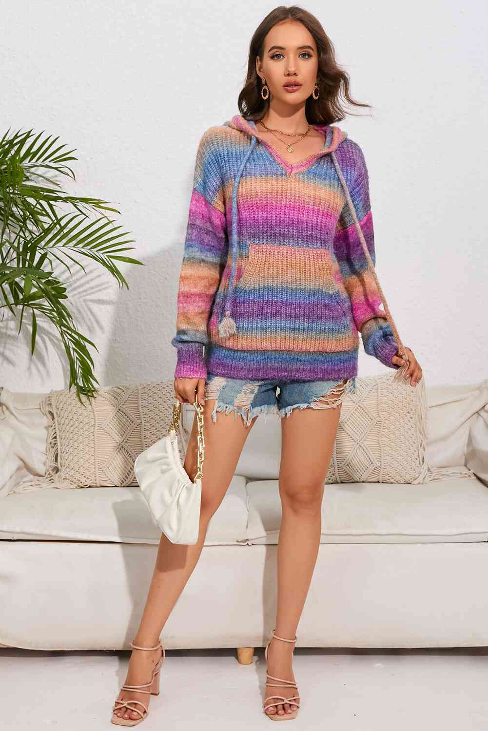 Multicolor Dropped Shoulder Hooded Sweater - LustMia