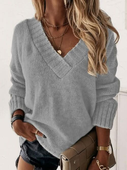 V - Neck Long Sleeve Knit Top - LustMia