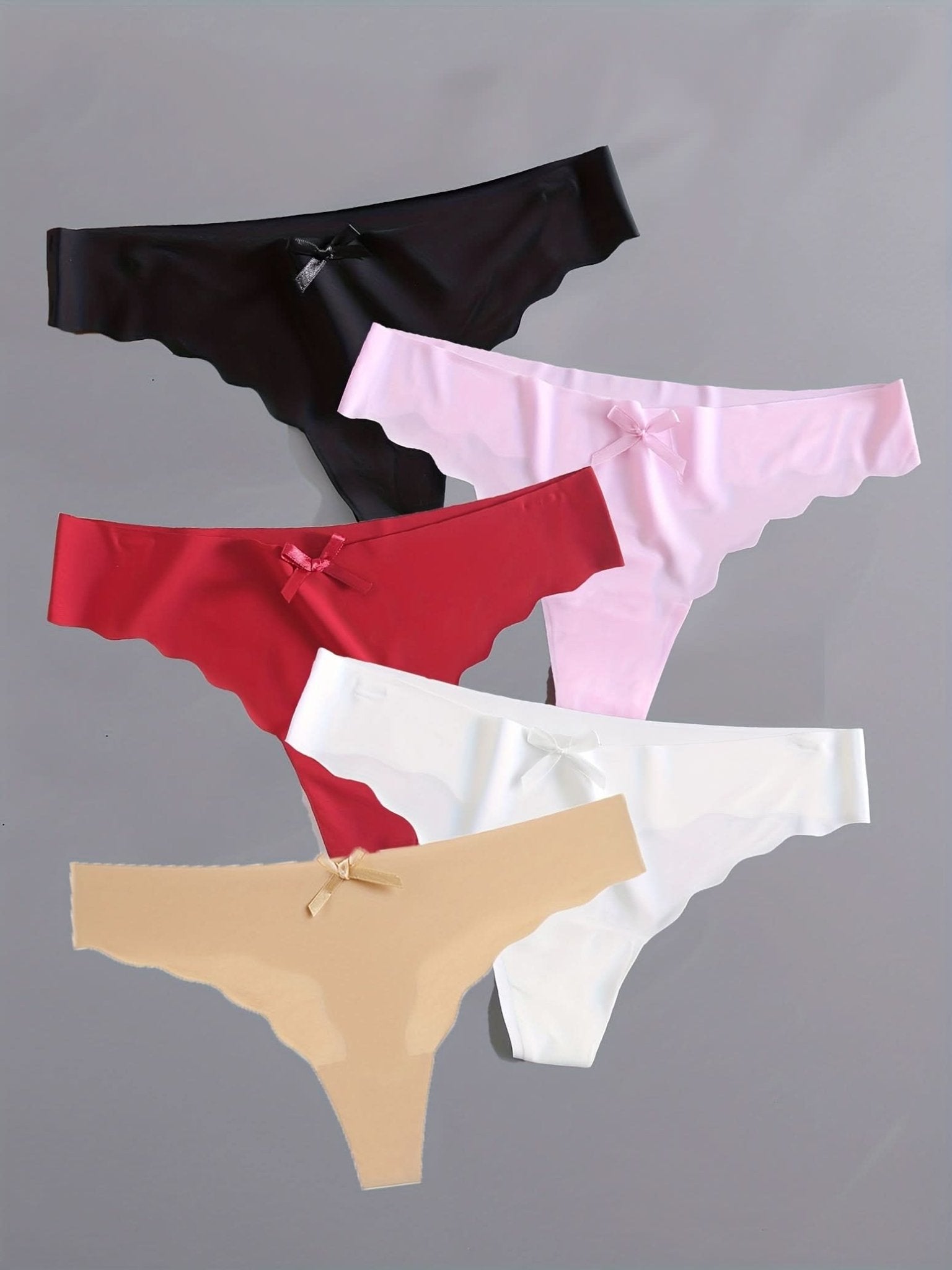 5pcs Scallop Trim Thongs, Seamless & Breathable Bow Tie Intimates Panties, Women's Lingerie & Underwear - LustMia