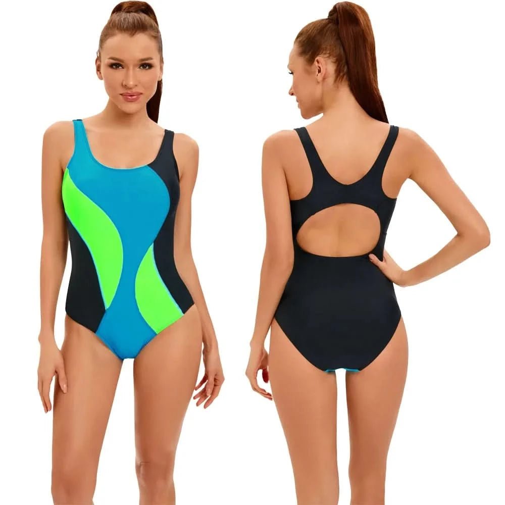 AGELICALOVE Patchwork Sport One Pieces Swimsuit Women Tummy Control Monokini Brazilians Bathing Suits Pool Beach Wear Swimwear - LustMia