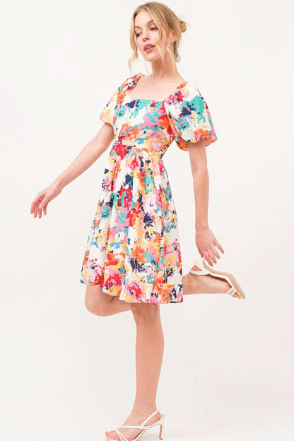 And The Why Square Neck Puff Sleeve Floral Dress - LustMia