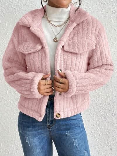 Fuzzy Button Up Collared Neck Jacket - LustMia