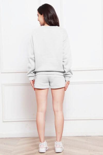 Round Neck Long Sleeve Sweatshirt and Drawstring Shorts Set - LustMia