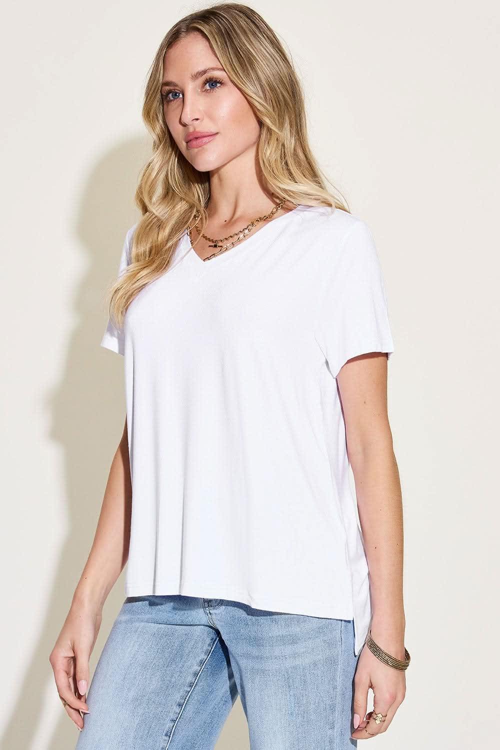 Basic Bae Full Size V - Neck High - Low T-Shirt - LustMia