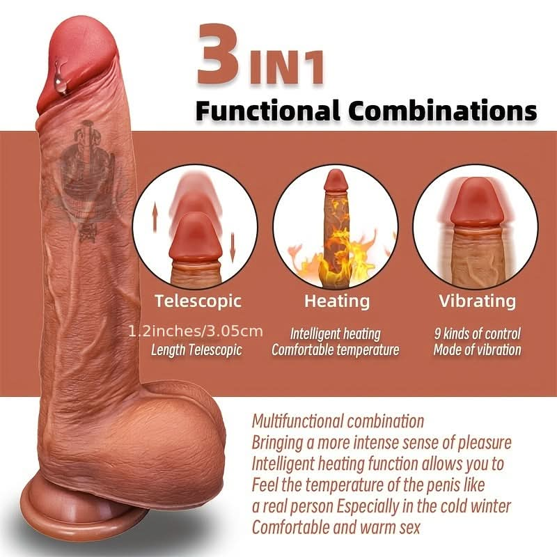 1pc Thrusting Realistic Dildo Vibrator Anal Plug With 9 Vibration & 3 Telescopic Modes Female For Pleasure, Sex Toy With Suction For Handsfree Paly - LustMia