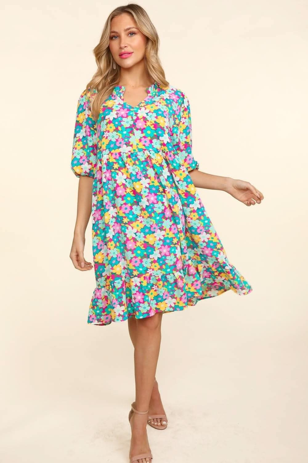 Haptics Bubble Sleeve Floral Ruffled Dress - LustMia