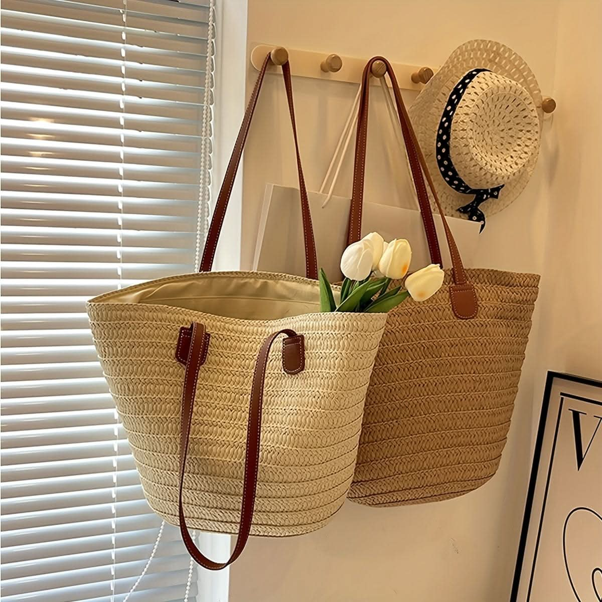 Chic Woven Straw Tote - Spacious Summer Beach Bag, Versatile Casual Handbag - Perfect for Womens Travel & Leisure - LustMia