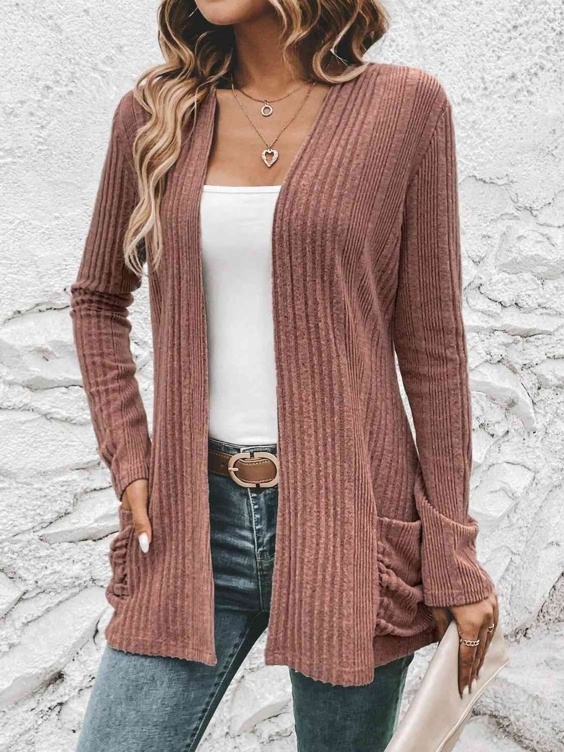 Ribbed Open Front Cardigan with Pockets - LustMia