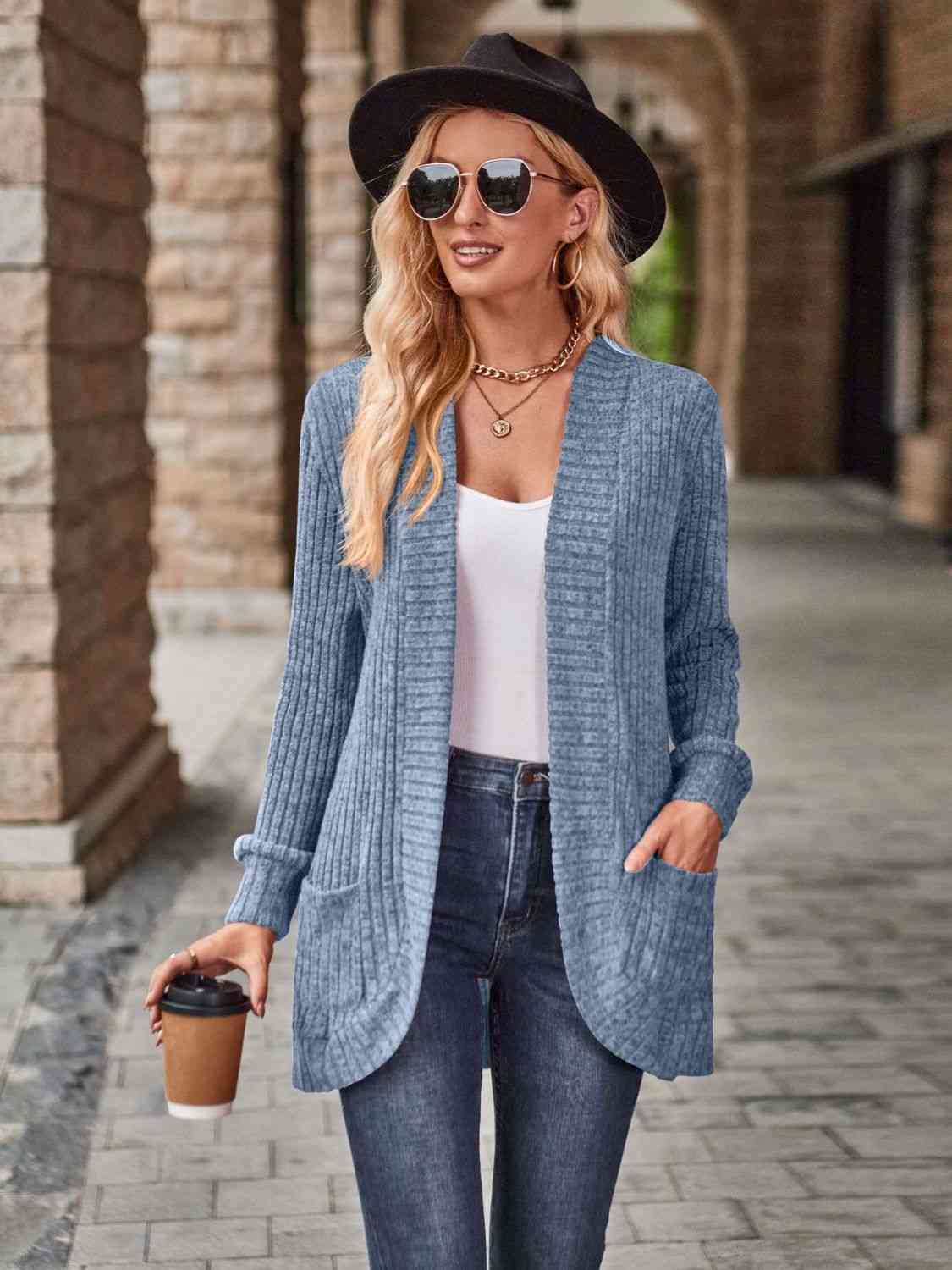 Open Front Cardigan with Pockets - LustMia