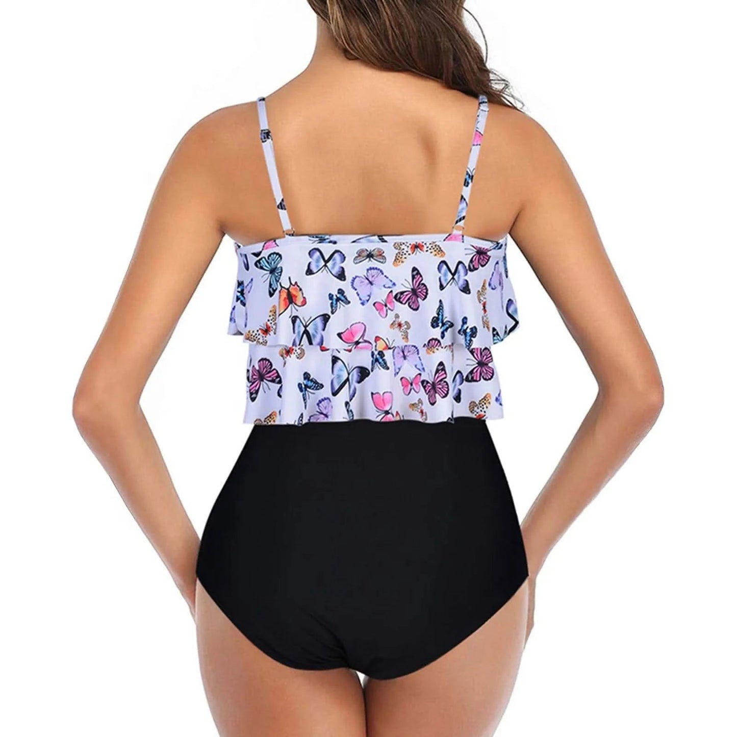 Two Piece Swimming Suits Women's Butterfly Printed Overlay Push Up Tankini Swimsuits High Waisted Bathing Suits For Women - LustMia