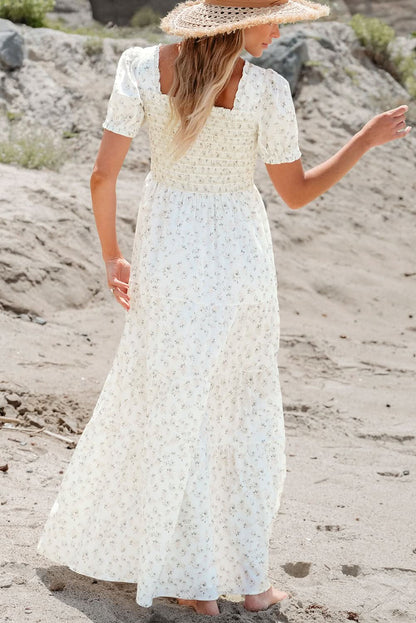 White Tiered Floral Maxi Dress - LustMia