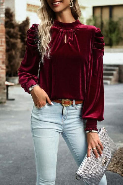 Tie Up Mock Neck Velvet Fabric Long Sleeve Blouse - LustMia