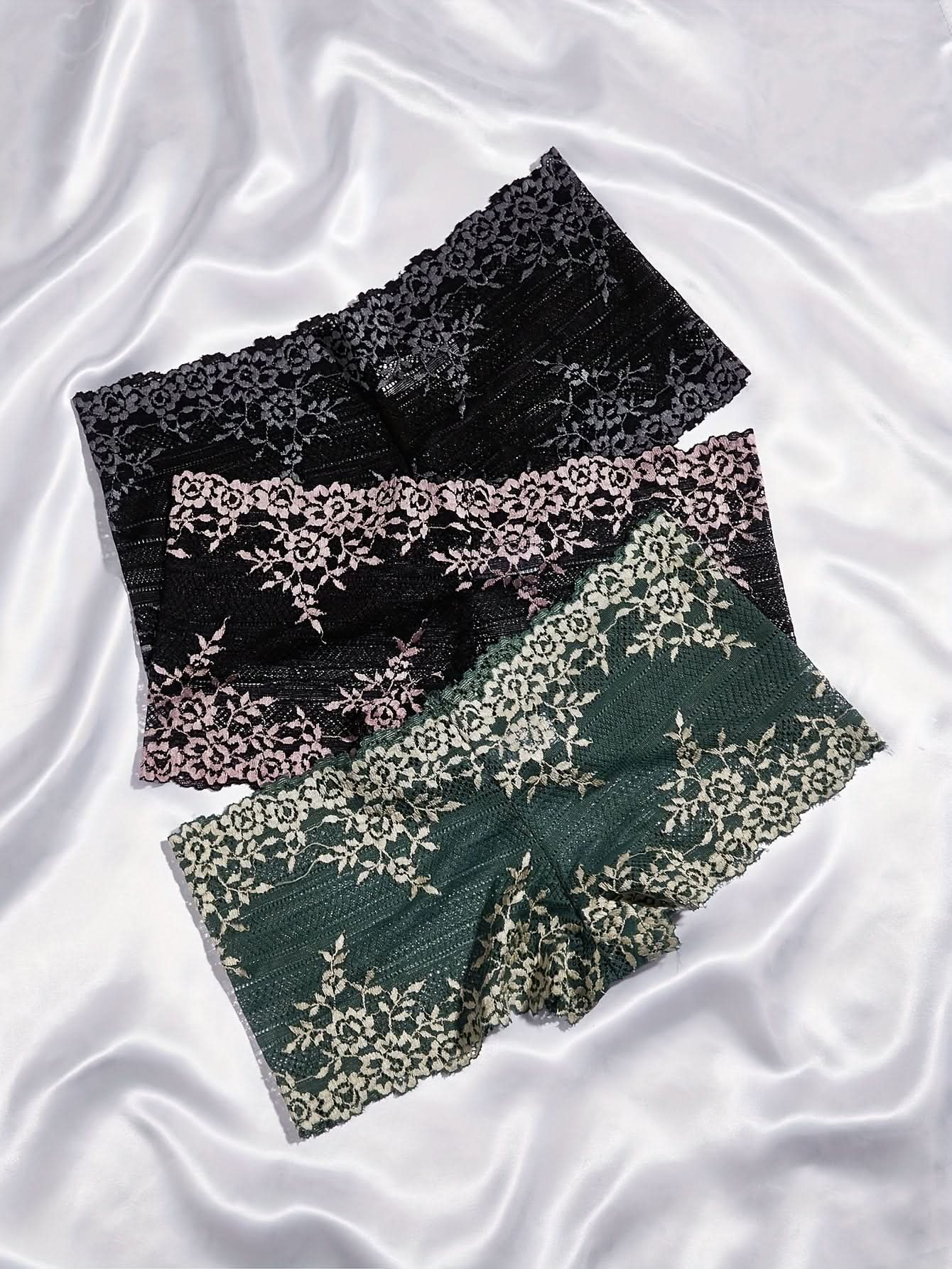 3pcs Floral Lace Boyshort Panties, Soft & Comfortable Intimates Panties, Women's Lingerie & Underwear - LustMia