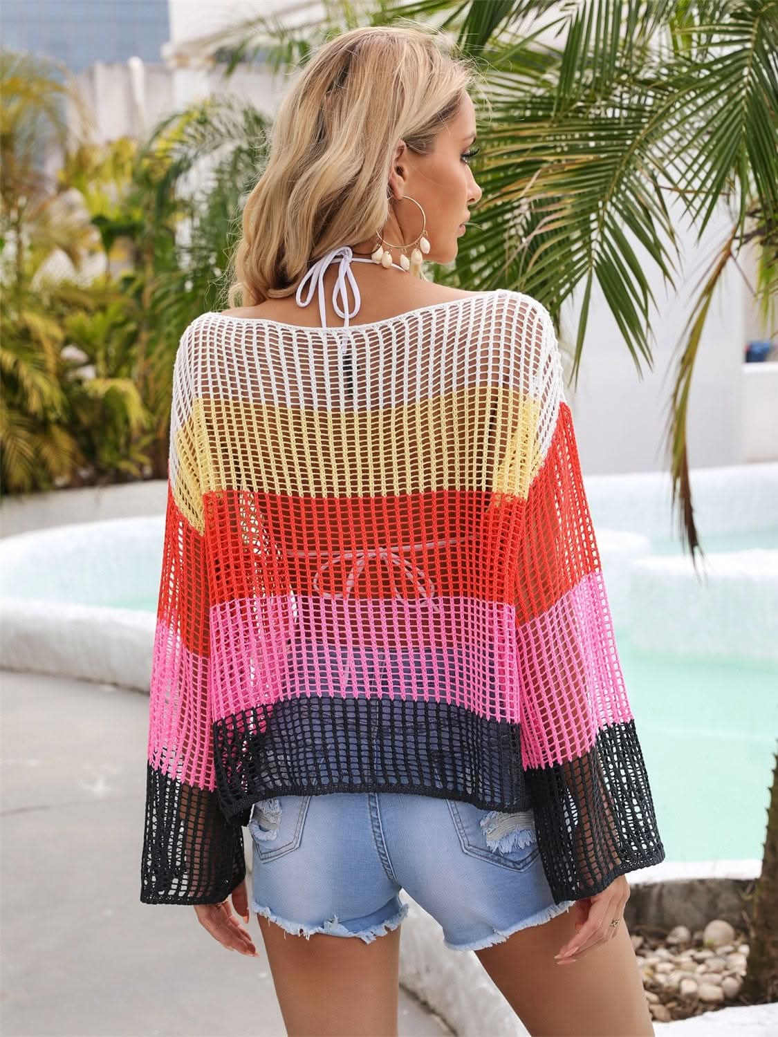 Color Block Openwork Boat Neck Cover Up - LustMia