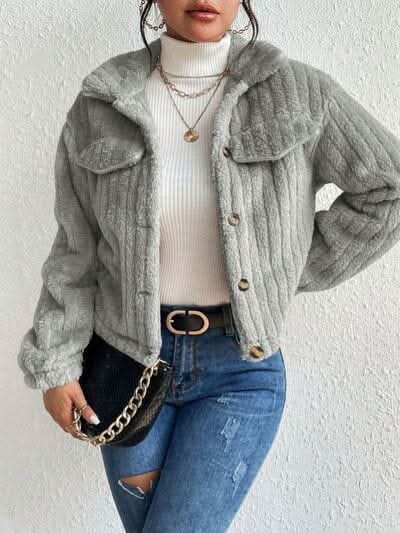 Fuzzy Button Up Collared Neck Jacket - LustMia