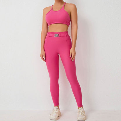 Imitation denim pocket tight adjustable waist with belt sports two - piece set 5colors - LustMia