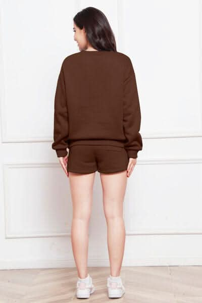 Round Neck Long Sleeve Sweatshirt and Drawstring Shorts Set - LustMia