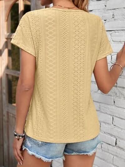 Eyelet V - Neck Short Sleeve T-Shirt - LustMia