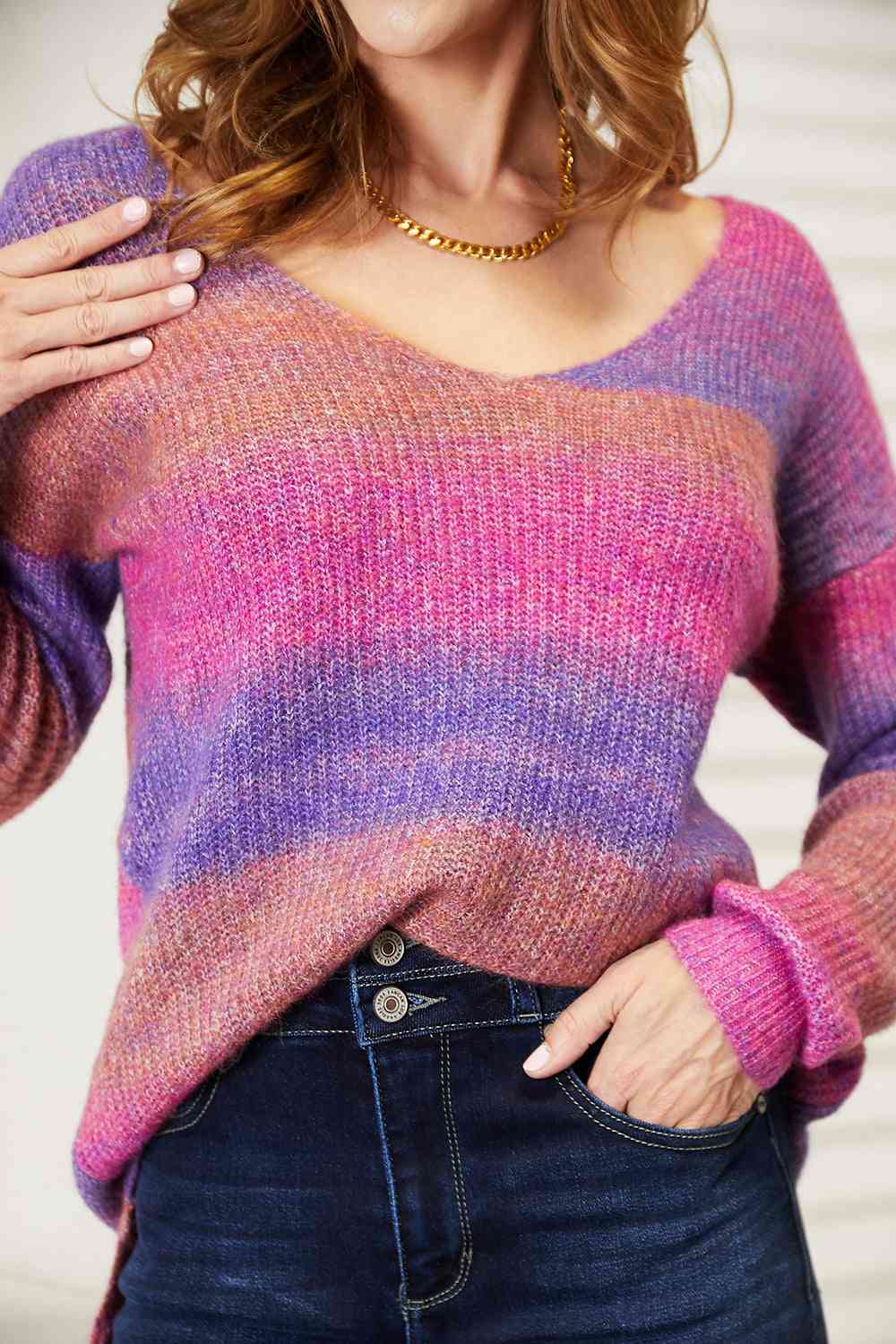 Double Take Multicolored Rib - Knit V - Neck Knit Pullover - LustMia