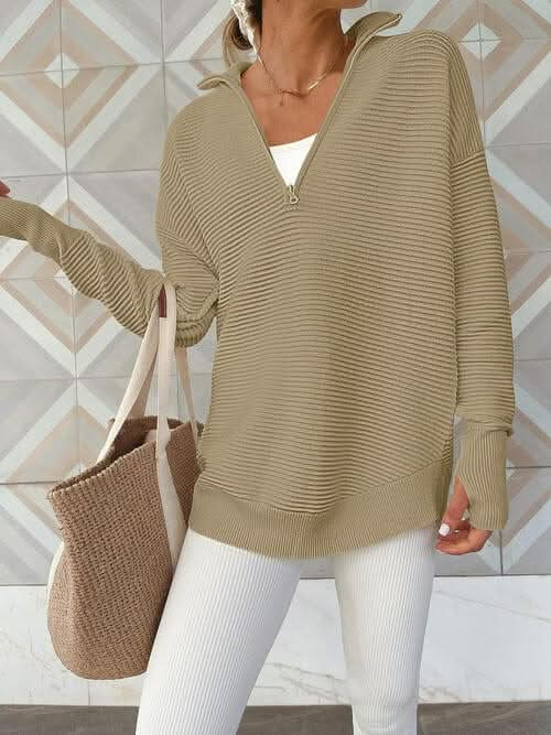 Half Zip Long Sleeve Knit Top - LustMia