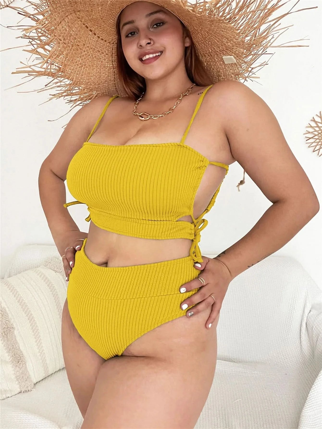 Women Plus Size Bikini Solid Color Bikini Two Piece High Waist Bikini Swimsuit Swimwear Gather Bikini Swimming Beach - LustMia