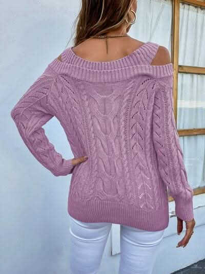 Cable - Knit Openwork Sweetheart Neck Sweater - LustMia