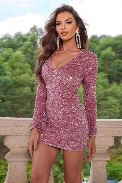 Sequin V - Neck Long Sleeve Mini Dress - LustMia