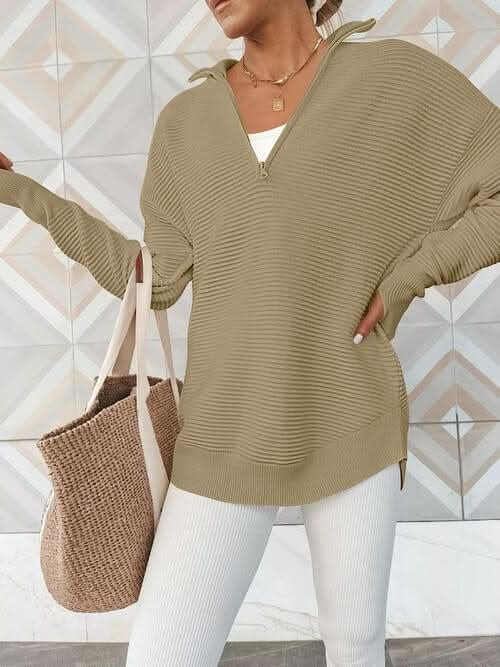 Half Zip Long Sleeve Knit Top - LustMia