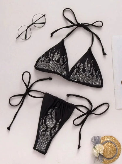 New Black Triangle Strap Flame Rhinestone Bikini Swimming Suit for Women Bikini Set Swimsuit Women 2 Pieces String Bikini - LustMia