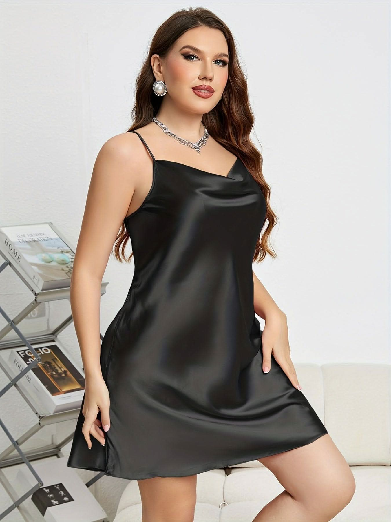 Plus Size Elegant Nightdress, Women's Plus Satin Plain Cowl Neck Slip Dress, Smooth Nightgown - LustMia