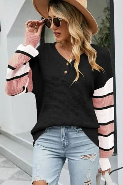 Color Block V - Neck Dropped Shoulder Sweater - LustMia