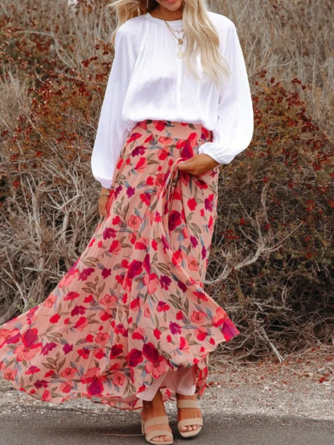 Printed Elastic Waist Pleated Maxi Skirt - LustMia