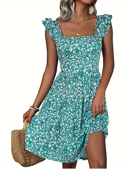 Floral Square Neck Dress with Ruffle Hem Pockets - LustMia