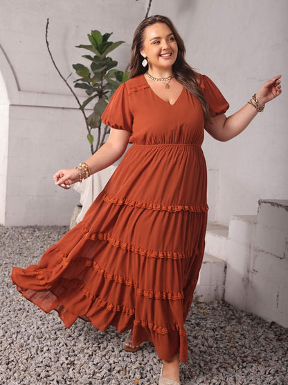 Plus Size Ruched Lace Detail V - Neck Short Sleeve Dress - LustMia