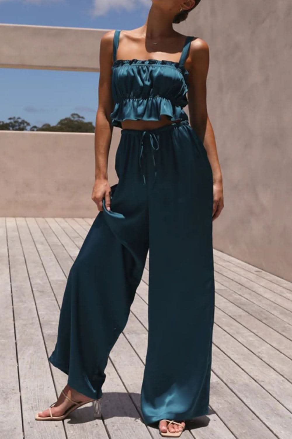 Ruffled Sleeveless Top and Wide Leg Pants Set - By Lustmia - LustMia