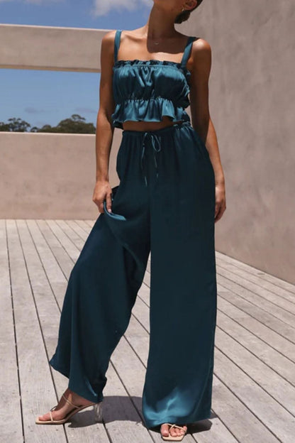 Ruffled Sleeveless Top and Wide Leg Pants Set - By Lustmia - LustMia