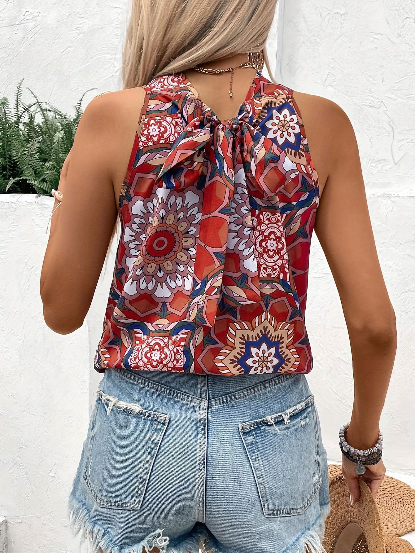 VintageInspired Floral Cross Halter Blouse Sleeveless - LustMia