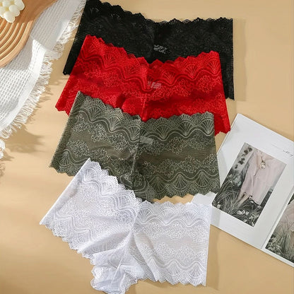 4 Pack Plus Size Romantic Panties Set, Women's Plus Floral Lace Scalloped Trim High Waisted Boyshorts Four Piece Set - LustMia