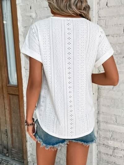 Eyelet Round Neck Short Sleeve T-Shirt - LustMia