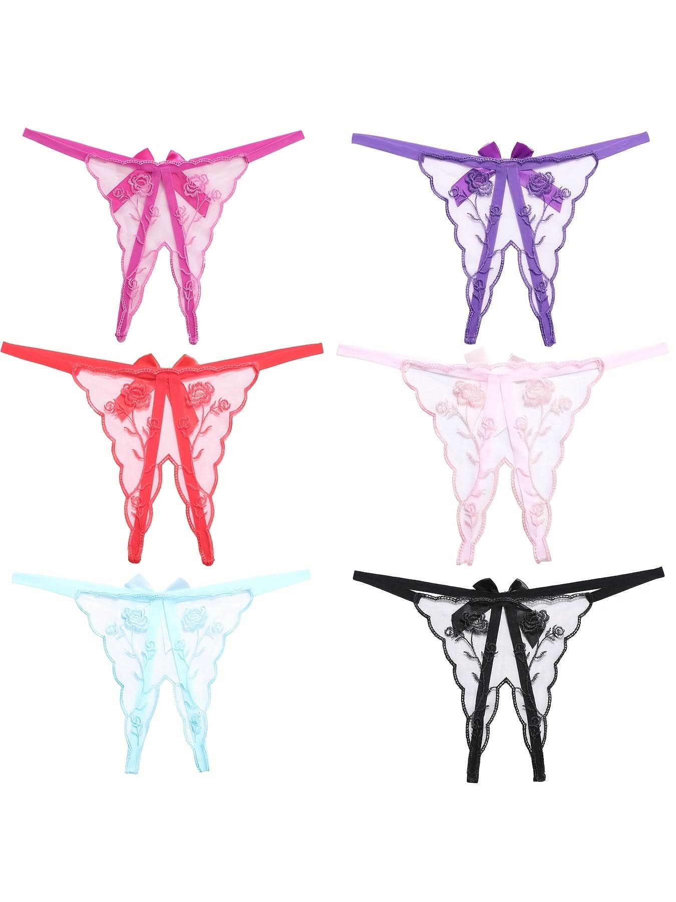 3pcs Floral Embroidery Thongs, Sheer Open Crotch Bow Mesh Panties, Women's Sexy Lingerie & Underwear - LustMia