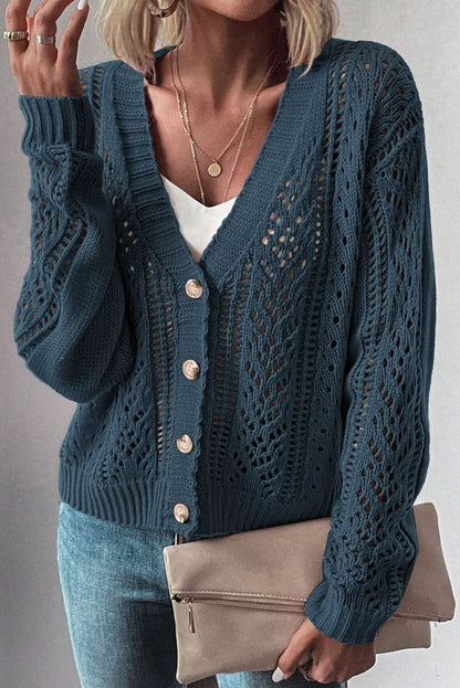 Real Teal Open Knit Drop Shoulder Sweater Cardigan - LustMia