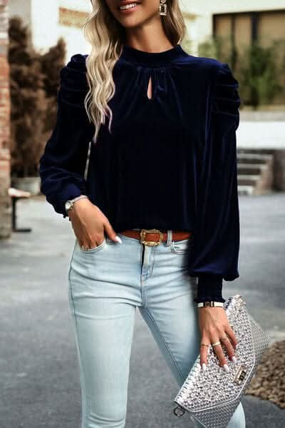 Tie Up Mock Neck Velvet Fabric Long Sleeve Blouse - LustMia