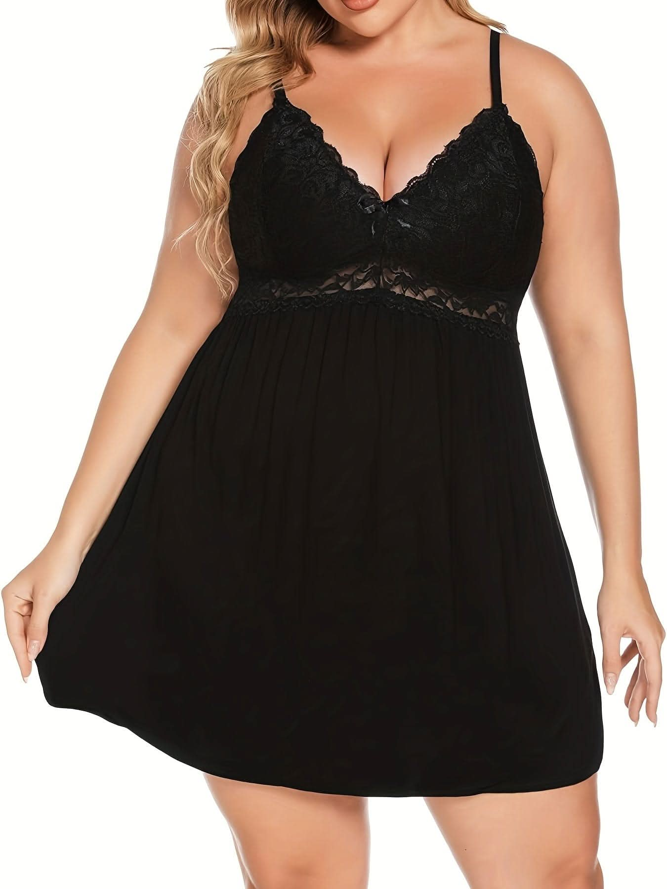 Sexy Lingerie Dress, Women's Plus Solid Contrast Lace Stretchy Comfort Lingerie Nightdress Plus Size - LustMia