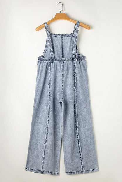 Beau Blue Light Wash Frayed Exposed Seam Wide Leg Denim Overall - LustMia